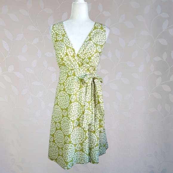 Lesley Evers Cotton Bold Botanical Print Wrap Dress Lime Green White Bow Tie - Picture 2 of 12